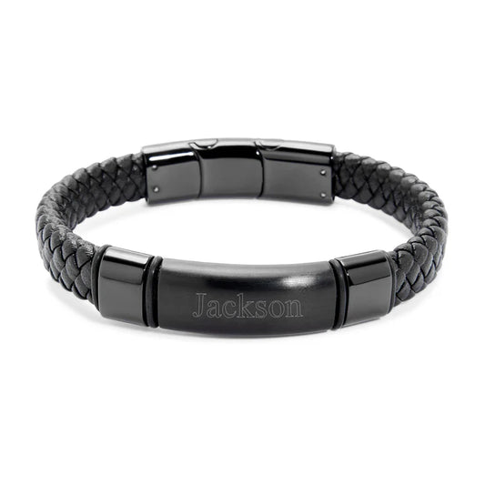 Men's Genuine Leather Matte Black ID Bracelet