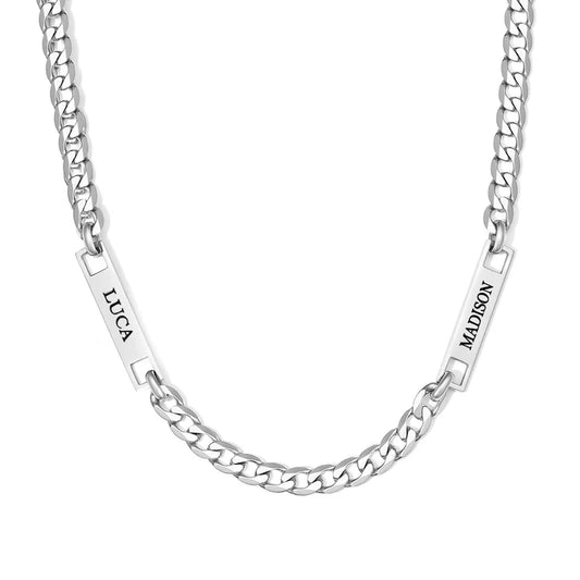 Stainless Steel Figaro Chain Engravable Two Name Bar Necklace