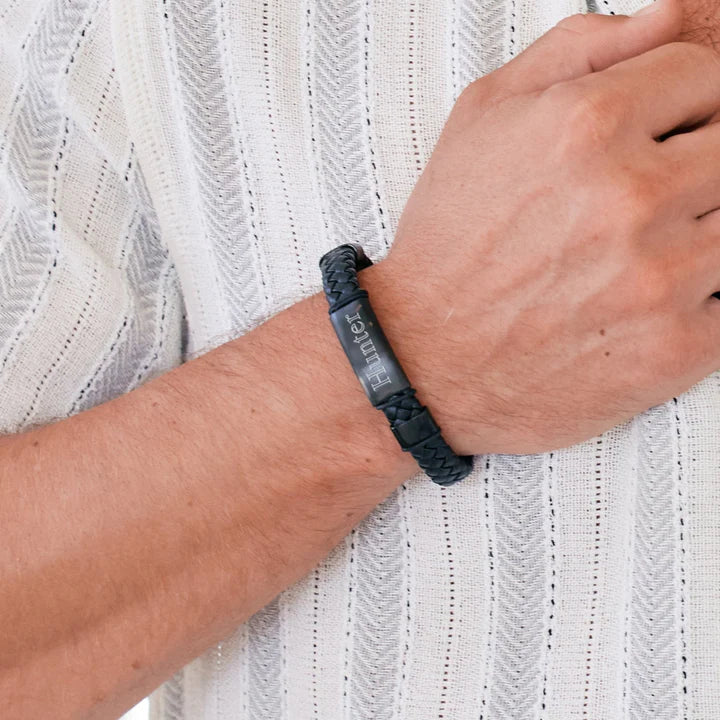 Men's Genuine Leather Matte Black ID Bracelet
